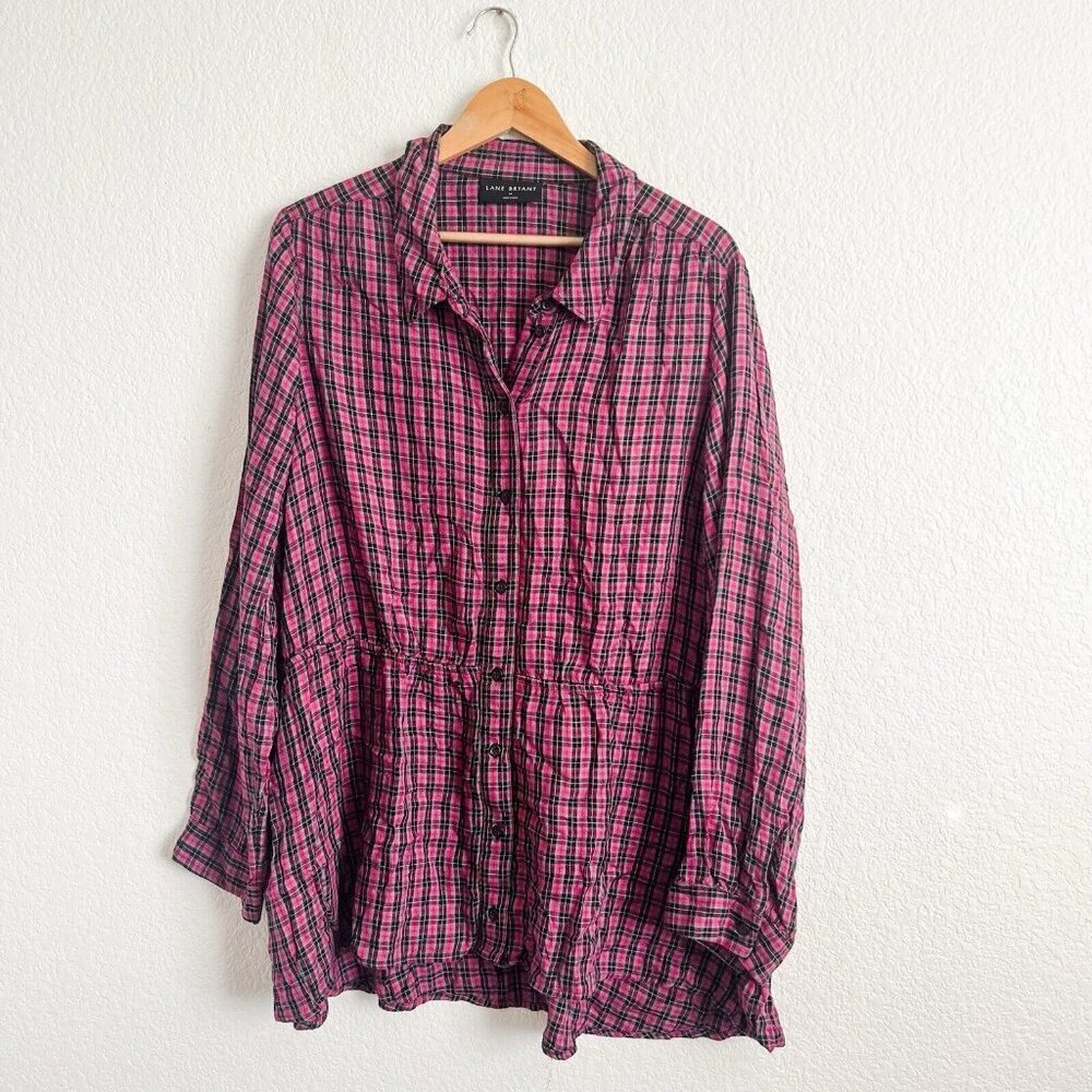 Lane Bryant Size 24 Pink Plaid Tunic Top Button Front Long Sleeve